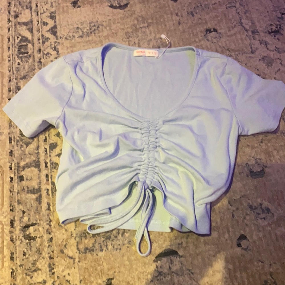Baby blue romper adjustable scrunched up shirt